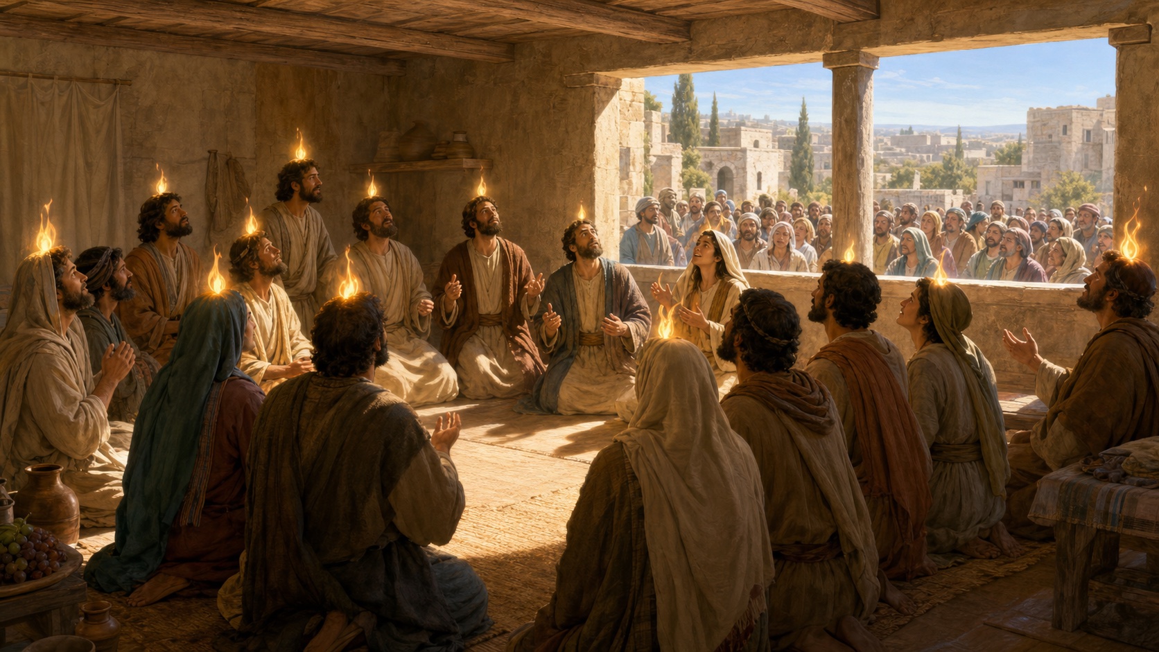 התלמידים ביום פנטקוסט, לשונות אש ואנשים מעמים שונים
